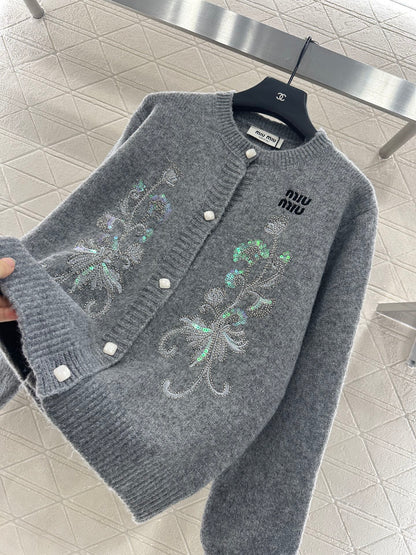 Mi 25 Round neck embroidered sequined knitted cardigan