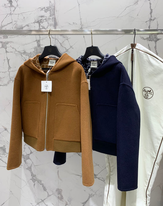 He 25 Jacquard double-faced wool hooded jacket