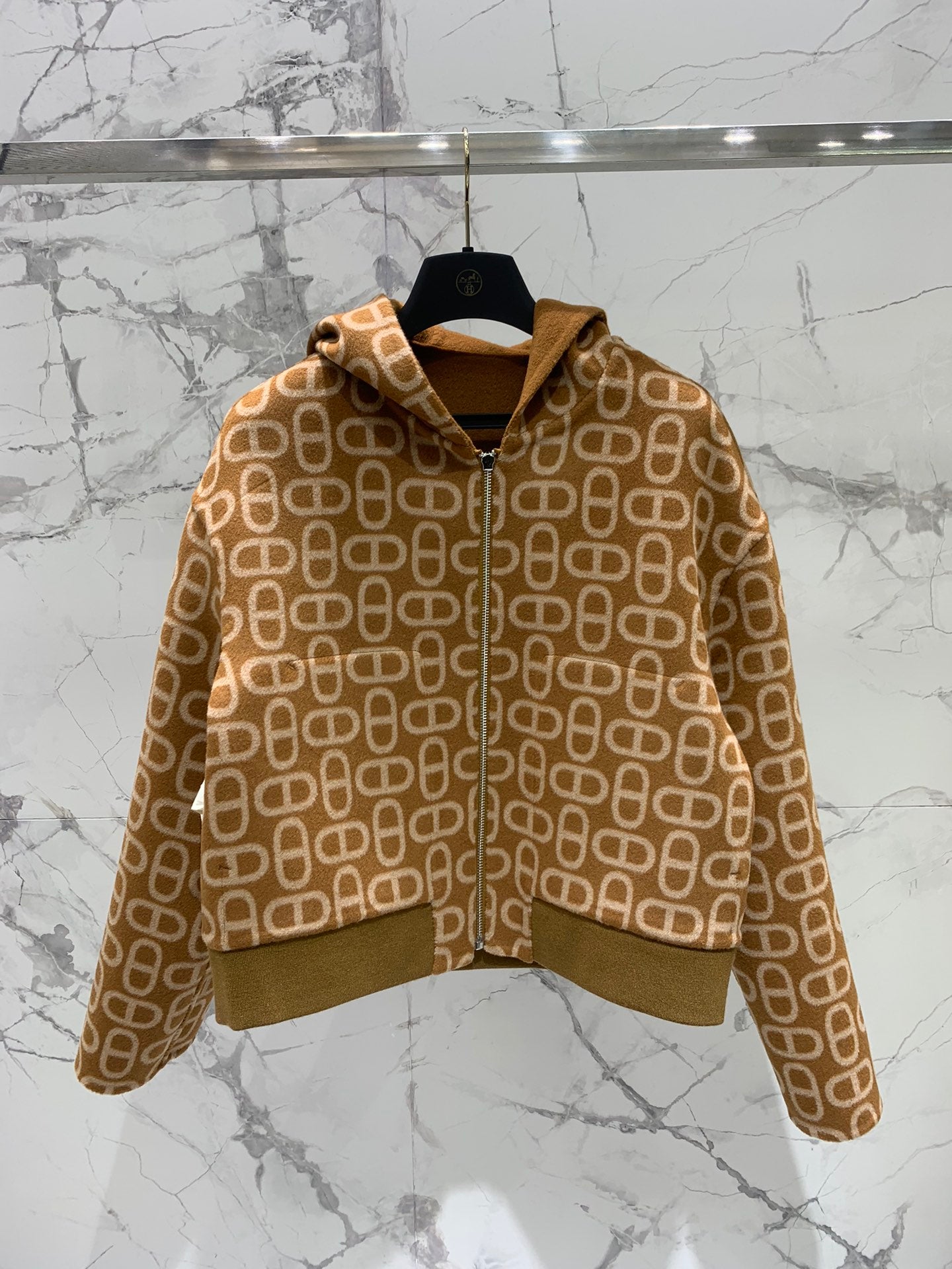 He 25 Jacquard double-faced wool hooded jacket