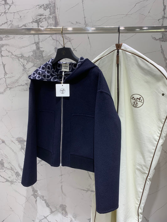 He 25 Jacquard double-faced wool hooded jacket