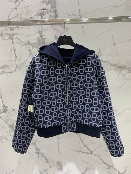 He 25 Jacquard double-faced wool hooded jacket