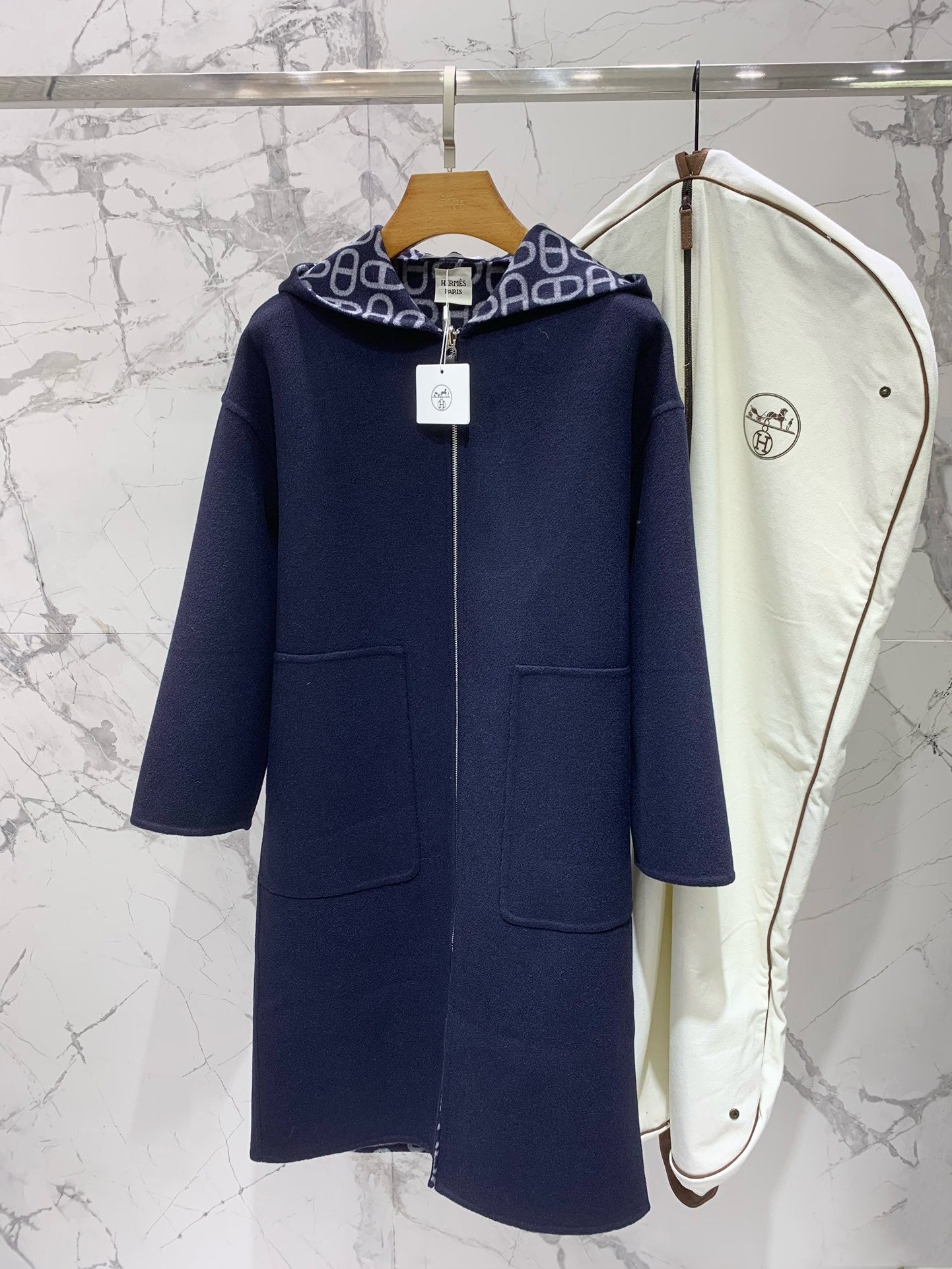 He 25 Jacquard double-faced wool hooded long coat jacket