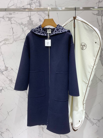 He 25 Jacquard double-faced wool hooded long coat jacket