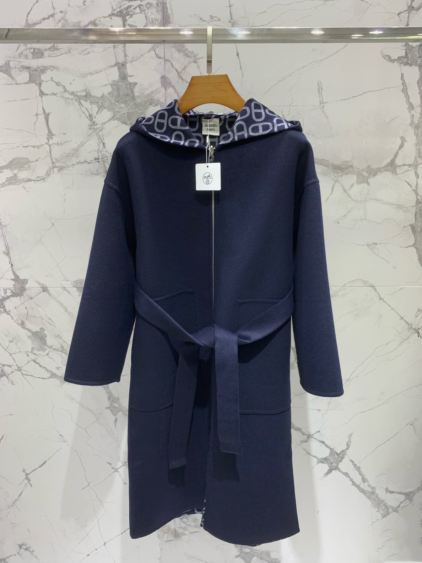 He 25 Jacquard double-faced wool hooded long coat jacket