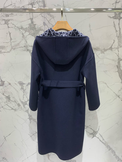 He 25 Jacquard double-faced wool hooded long coat jacket