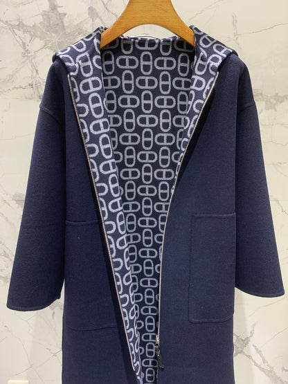 He 25 Jacquard double-faced wool hooded long coat jacket