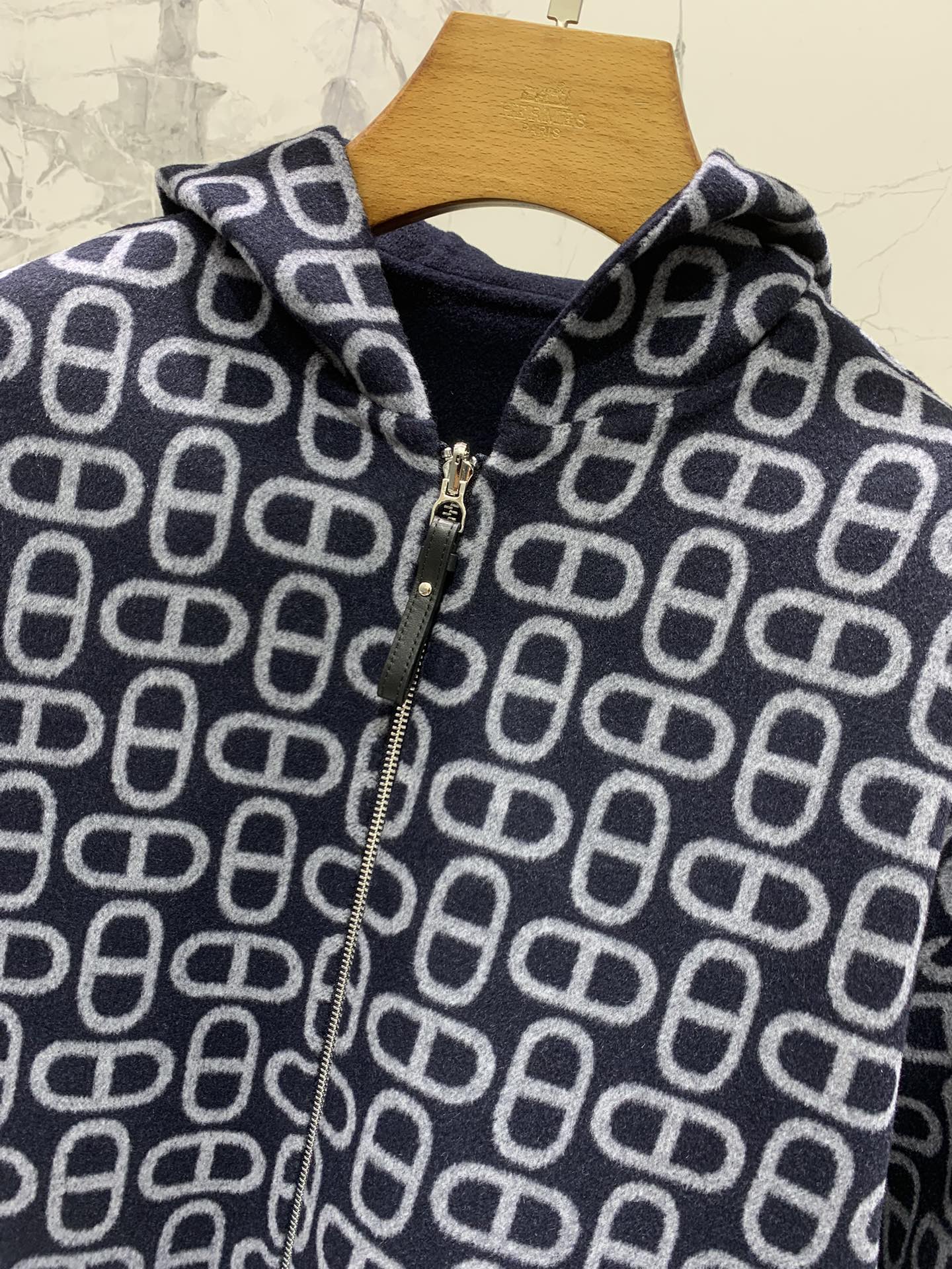 He 25 Jacquard double-faced wool hooded long coat jacket