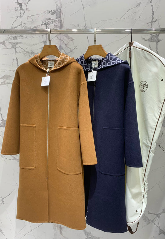 He 25 Jacquard double-faced wool hooded long coat jacket