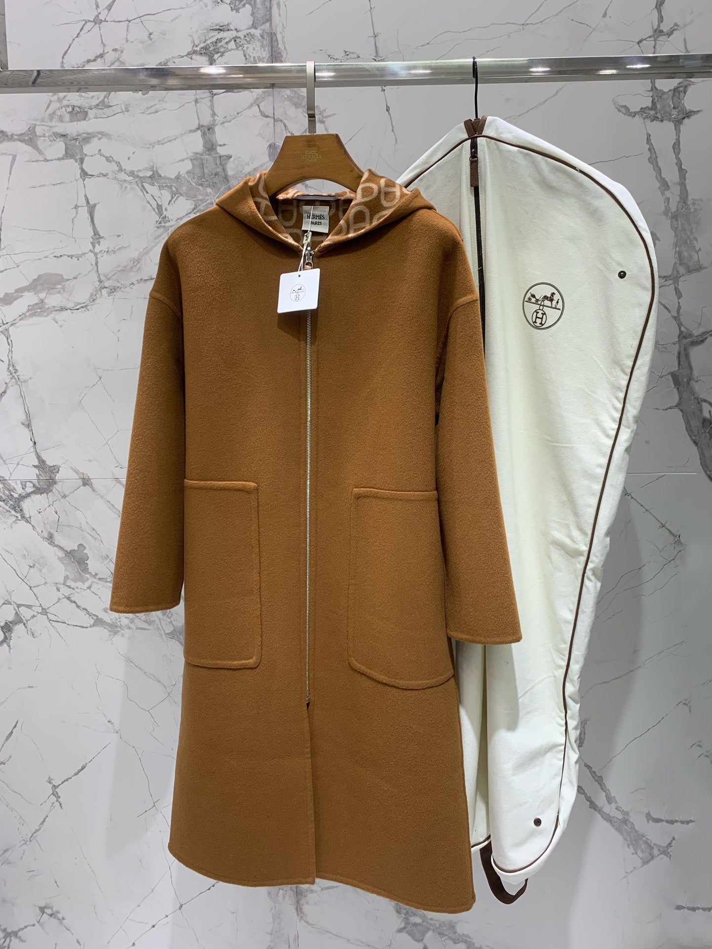 He 25 Jacquard double-faced wool hooded long coat jacket
