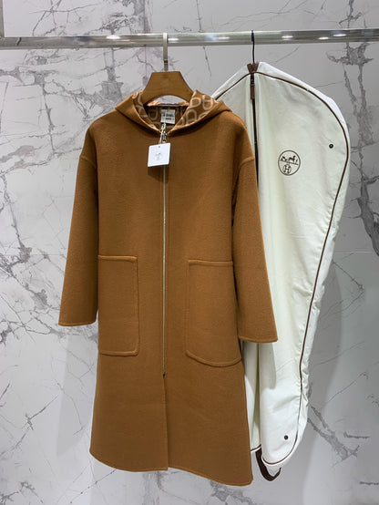 He 25 Jacquard double-faced wool hooded long coat jacket