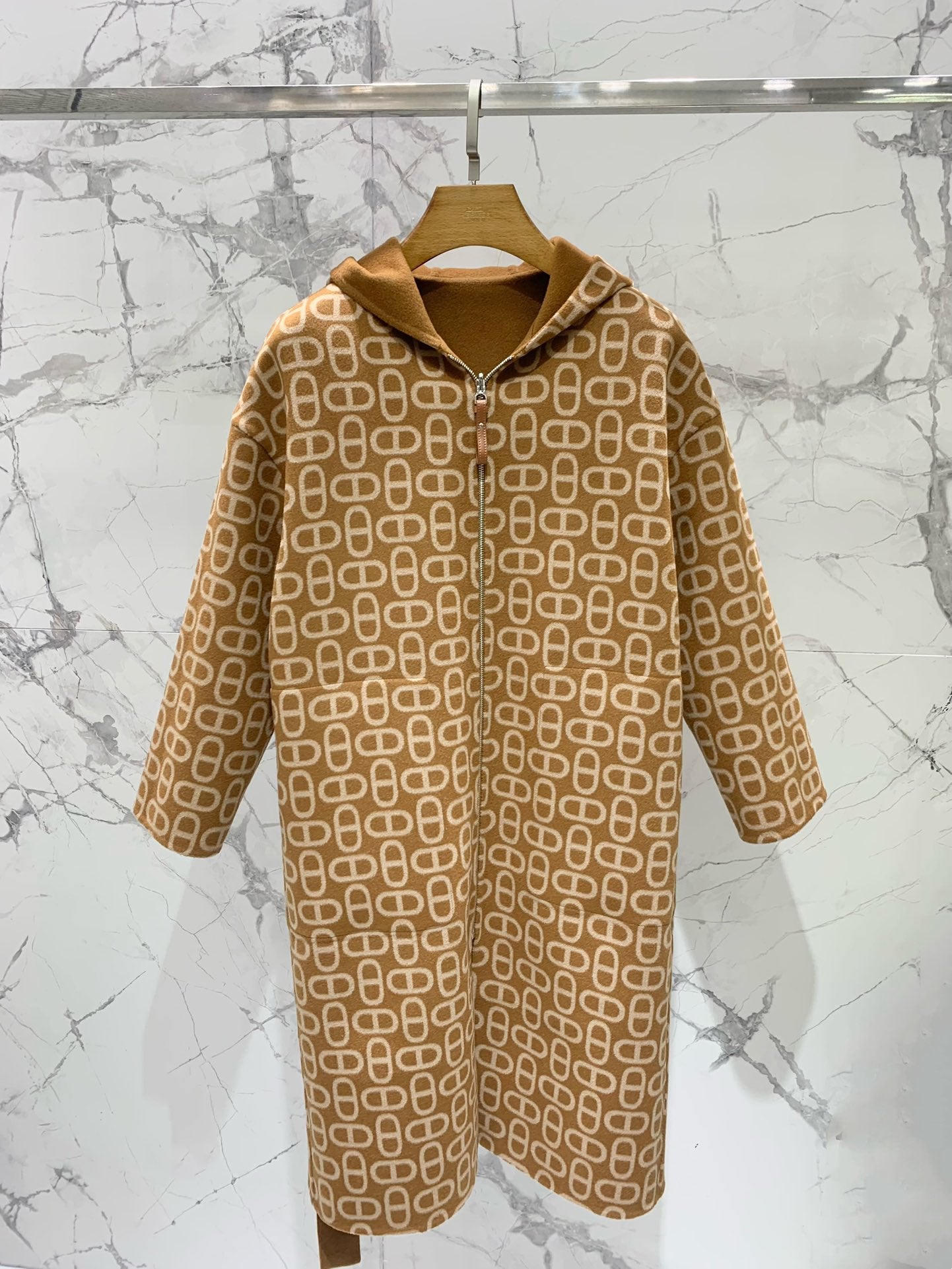 He 25 Jacquard double-faced wool hooded long coat jacket