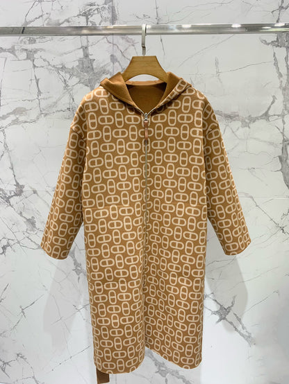 He 25 Jacquard double-faced wool hooded long coat jacket