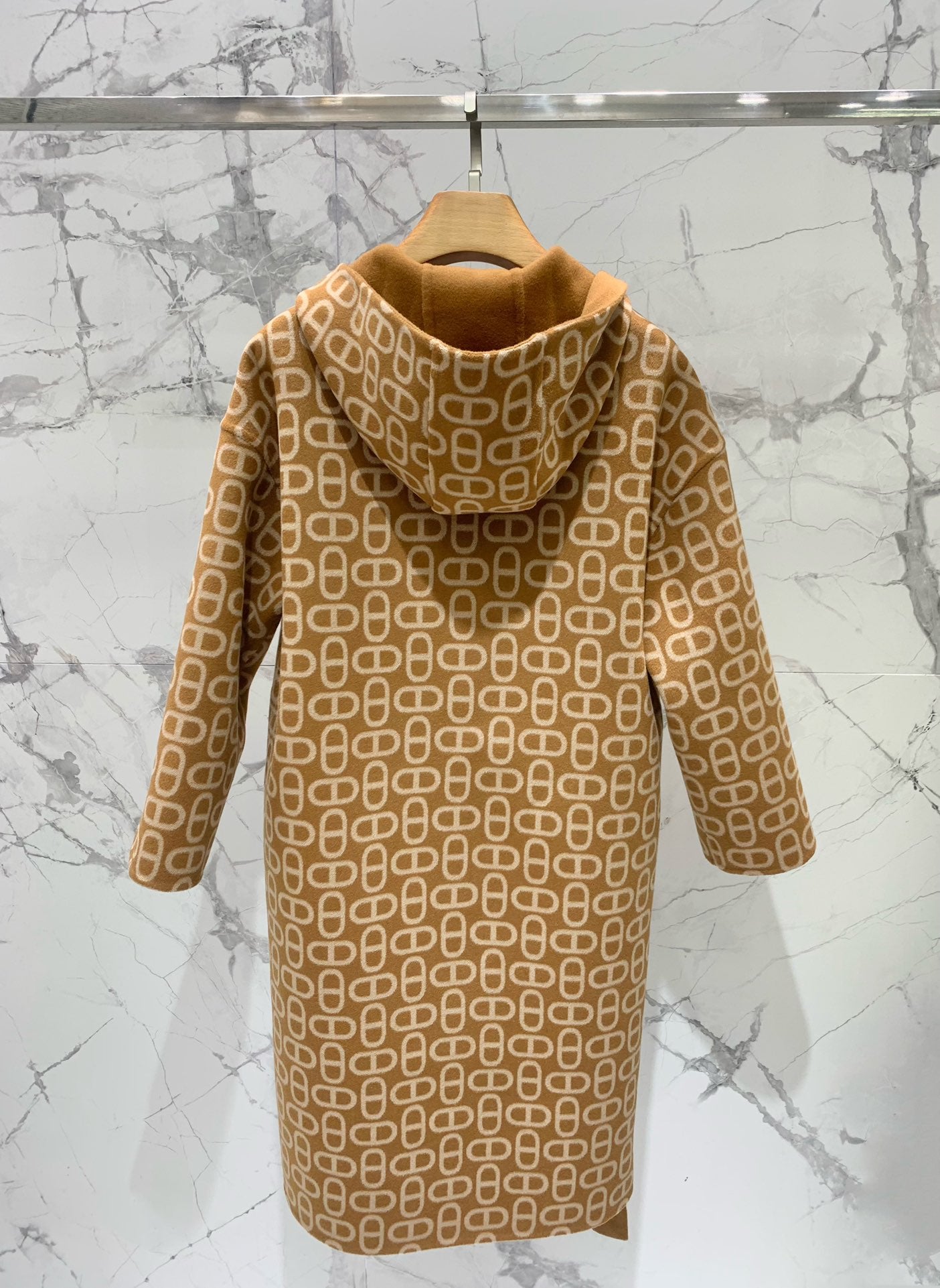 He 25 Jacquard double-faced wool hooded long coat jacket