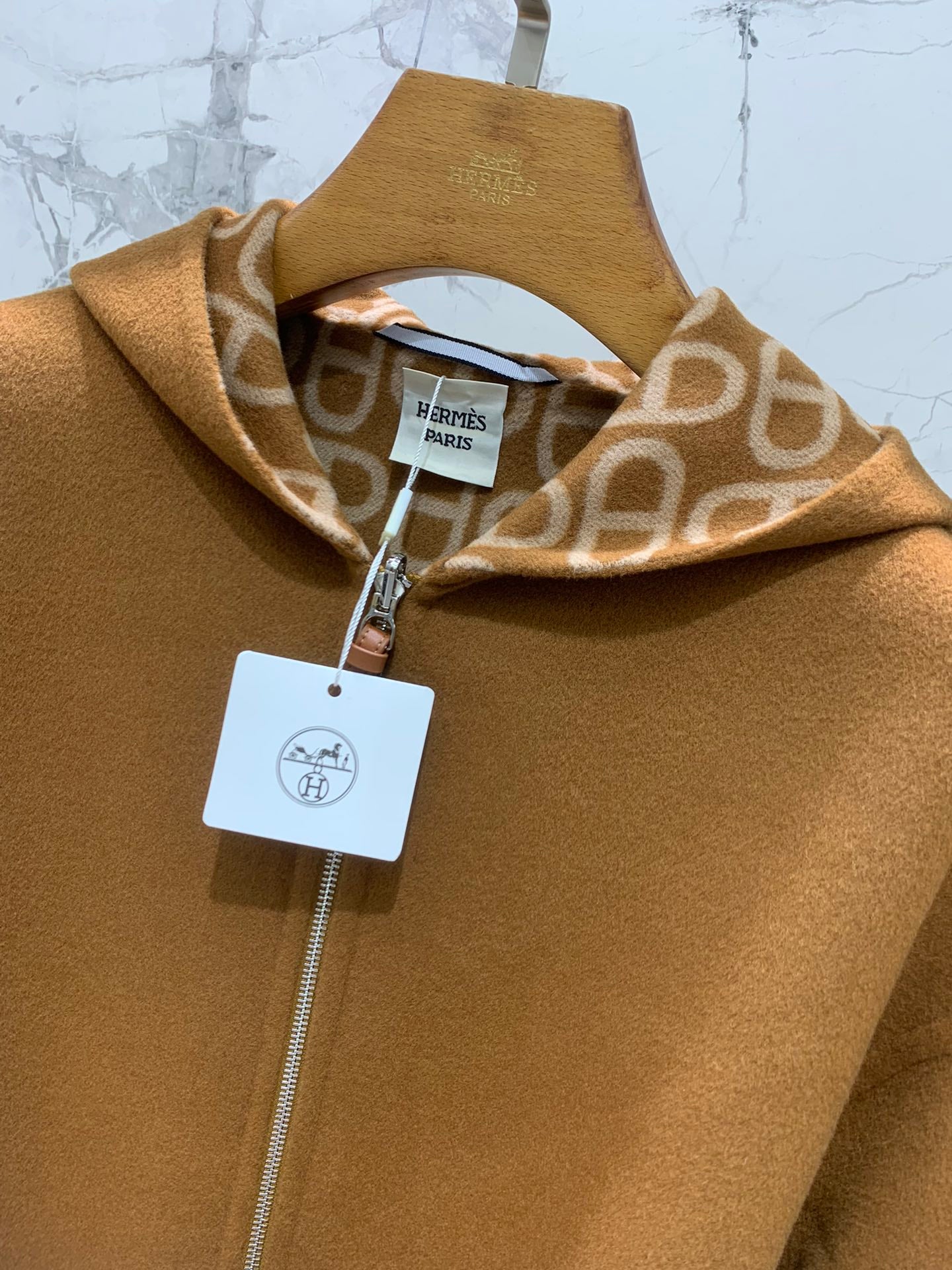 He 25 Jacquard double-faced wool hooded long coat jacket
