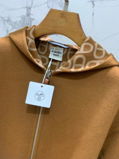 He 25 Jacquard double-faced wool hooded long coat jacket