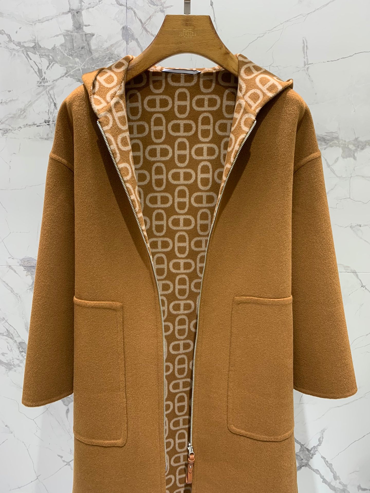 He 25 Jacquard double-faced wool hooded long coat jacket