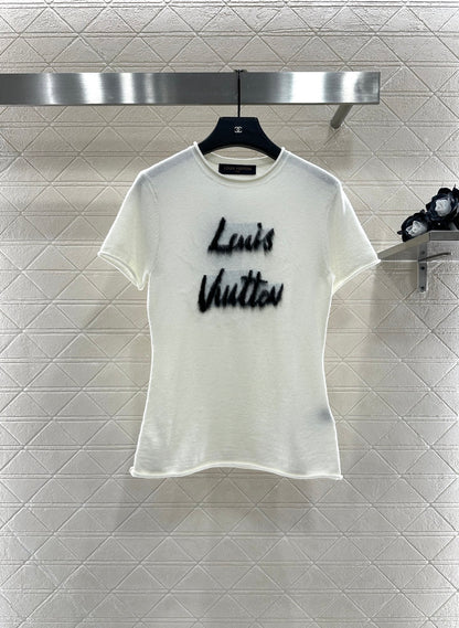 L 25 Letter knitted short sleeved top(brown/white)