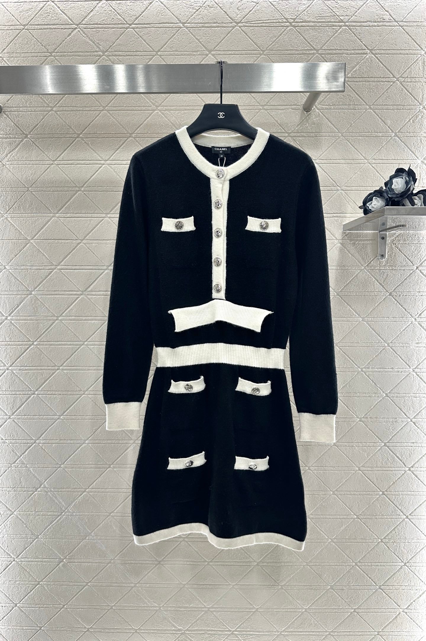 C 25 Wool Knitted Long Sleeve Dress(WHITE/BLACK)