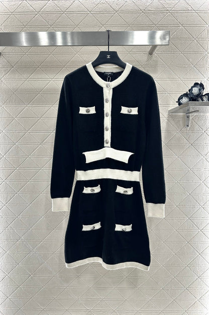 C 25 Wool Knitted Long Sleeve Dress(WHITE/BLACK)
