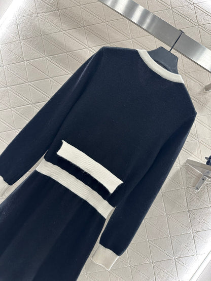 C 25 Wool Knitted Long Sleeve Dress(WHITE/BLACK)