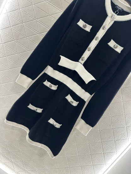 C 25 Wool Knitted Long Sleeve Dress(WHITE/BLACK)