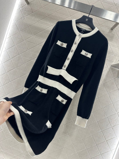 C 25 Wool Knitted Long Sleeve Dress(WHITE/BLACK)