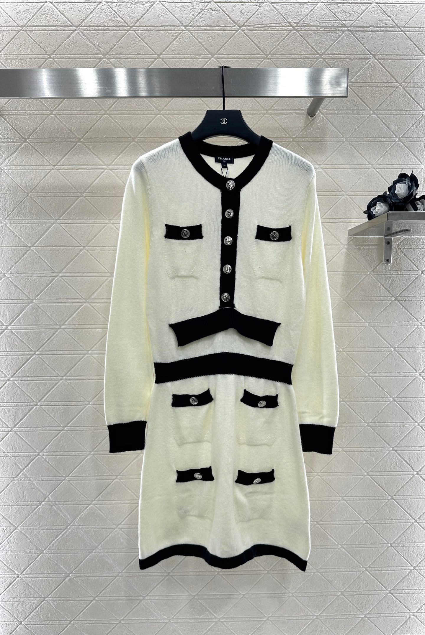 C 25 Wool Knitted Long Sleeve Dress(WHITE/BLACK)