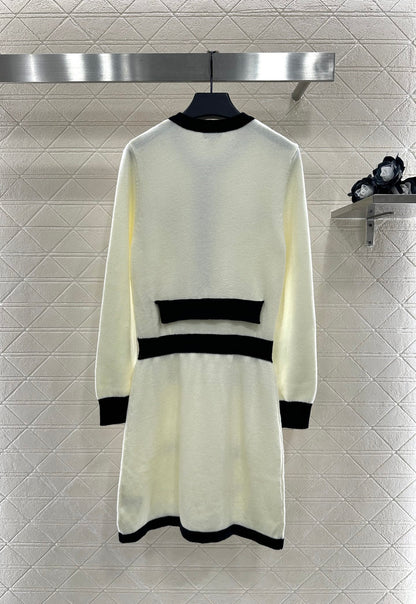 C 25 Wool Knitted Long Sleeve Dress(WHITE/BLACK)