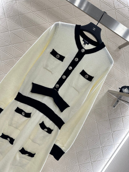C 25 Wool Knitted Long Sleeve Dress(WHITE/BLACK)