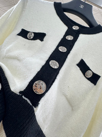 C 25 Wool Knitted Long Sleeve Dress(WHITE/BLACK)