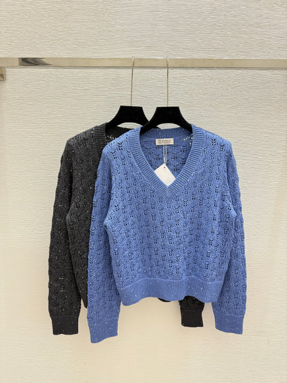 Bru 25fw Beaded hollow V-neck knitted long sleeves