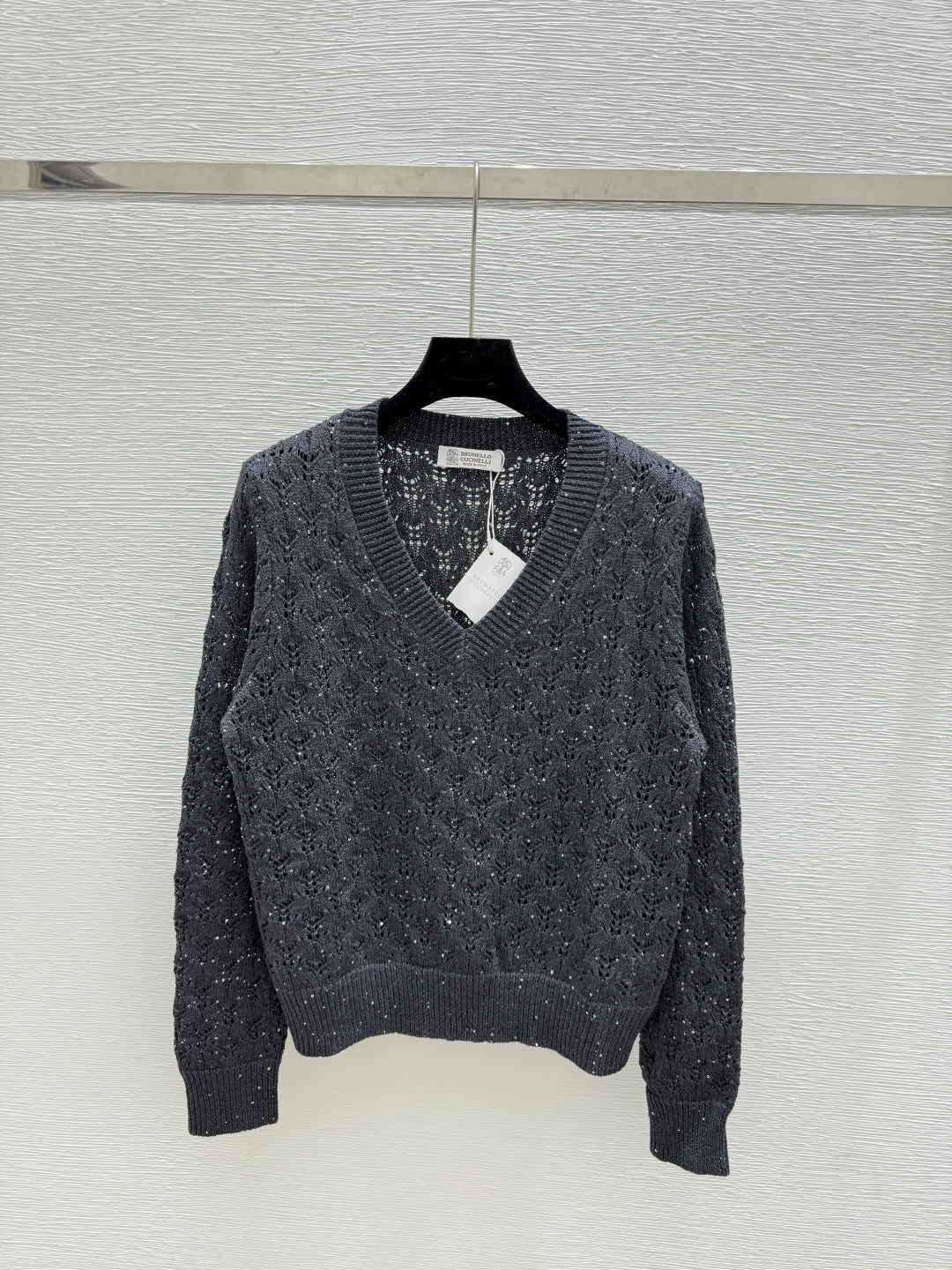 Bru 25fw Beaded hollow V-neck knitted long sleeves