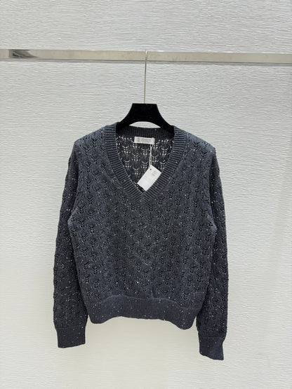 Bru 25fw Beaded hollow V-neck knitted long sleeves