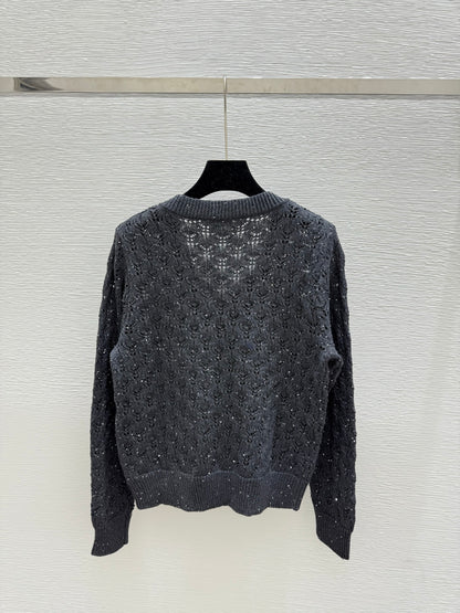 Bru 25fw Beaded hollow V-neck knitted long sleeves