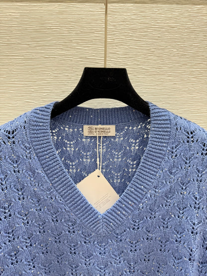 Bru 25fw Beaded hollow V-neck knitted long sleeves