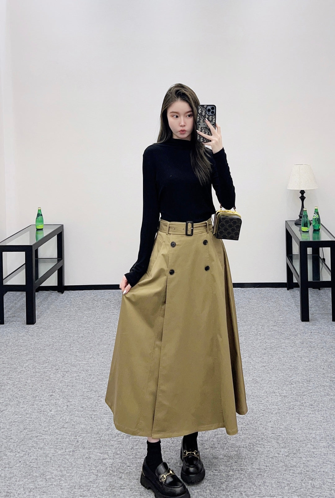 Di 25 Cotton belted high waist skirt（KHAKI/NAVY）
