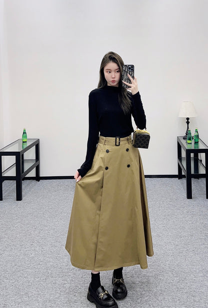 Di 25 Cotton belted high waist skirt（KHAKI/NAVY）
