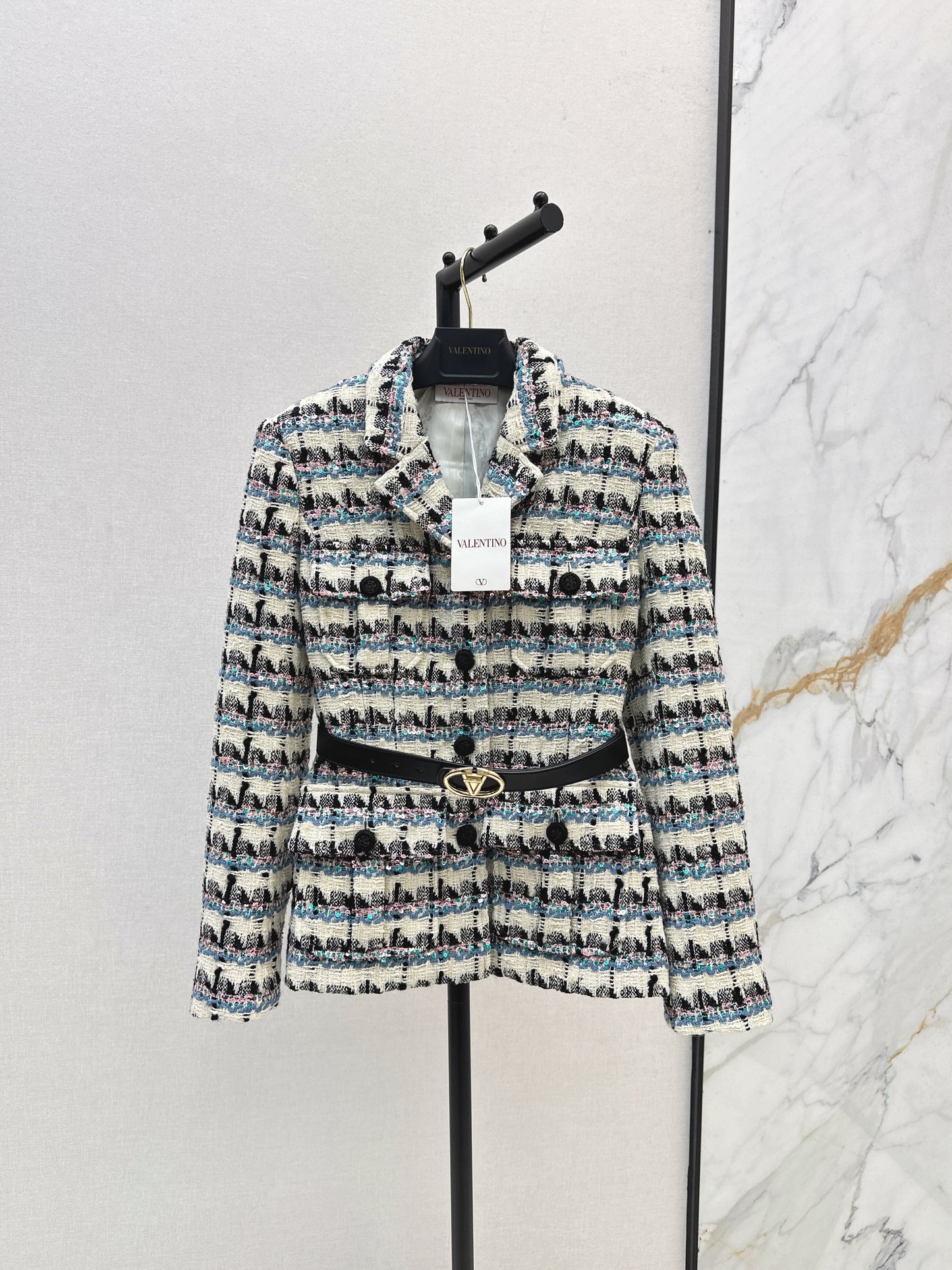 V 25 Sequined colorful yarn check woven woven jacket