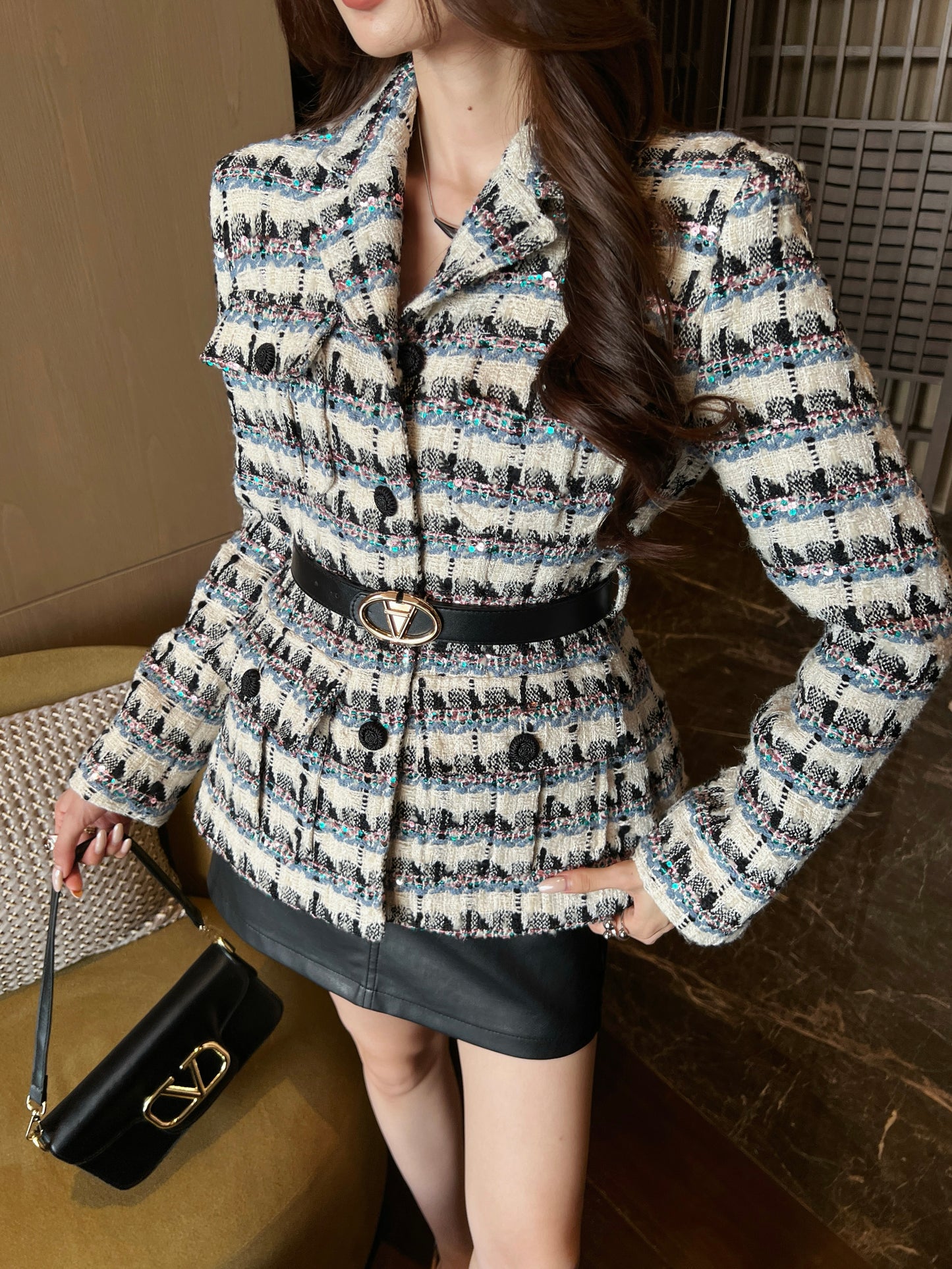 V 25 Sequined colorful yarn check woven woven jacket