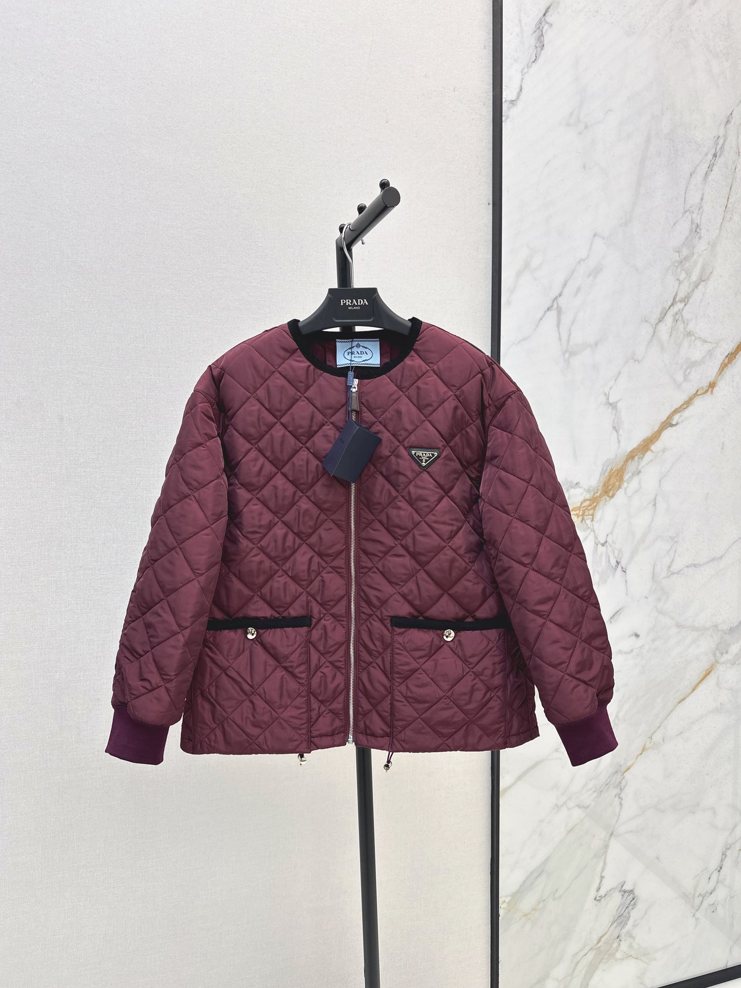 Pr 25fw New Arrival Diamond Quilted Round Neck Jacket(BLACK/KHAKI/Claret)