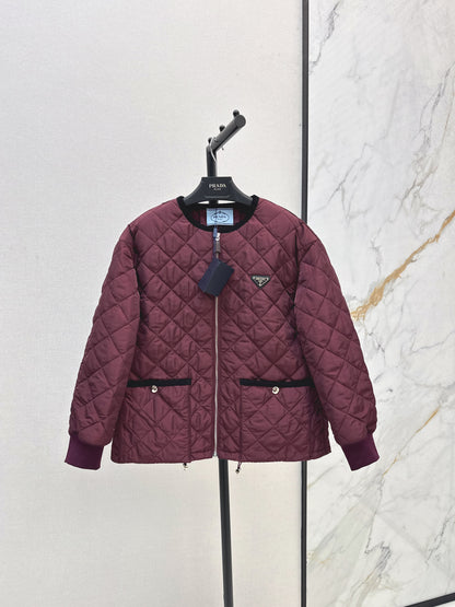 Pr 25fw New Arrival Diamond Quilted Round Neck Jacket(BLACK/KHAKI/Claret)