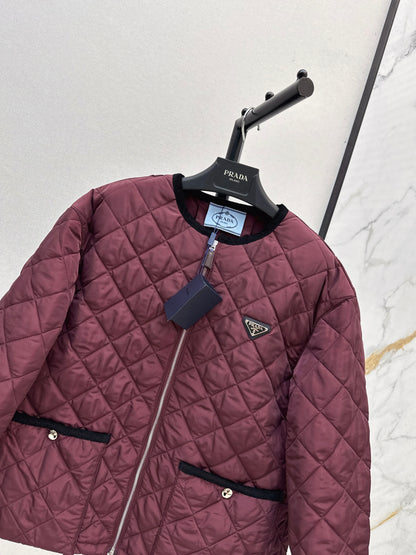 Pr 25fw New Arrival Diamond Quilted Round Neck Jacket(BLACK/KHAKI/Claret)