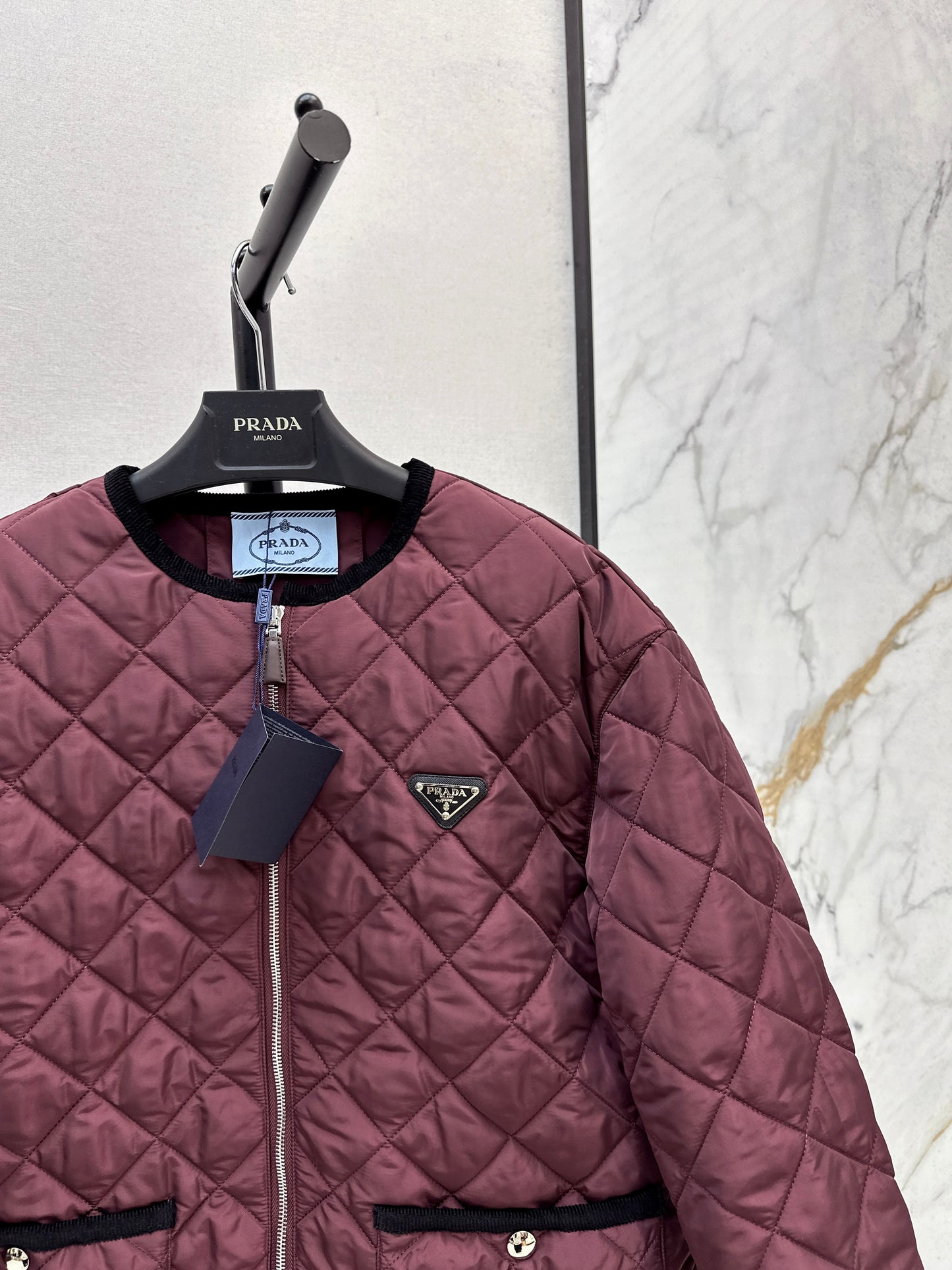 Pr 25fw New Arrival Diamond Quilted Round Neck Jacket(BLACK/KHAKI/Claret)