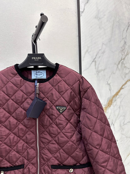 Pr 25fw New Arrival Diamond Quilted Round Neck Jacket(BLACK/KHAKI/Claret)