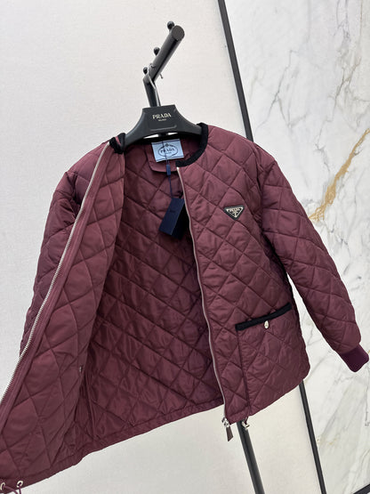 Pr 25fw New Arrival Diamond Quilted Round Neck Jacket(BLACK/KHAKI/Claret)
