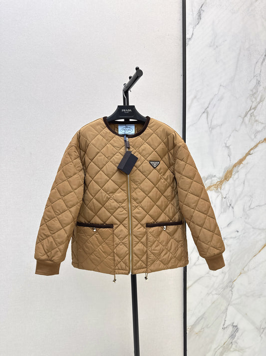 Pr 25fw New Arrival Diamond Quilted Round Neck Jacket(BLACK/KHAKI/Claret)