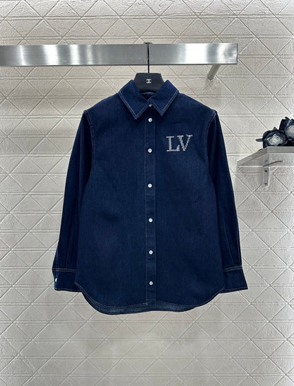 L 25 Collar rhinestone denim shirt+pants set