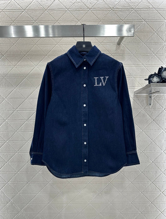 L 25 Collar rhinestone denim shirt+pants set