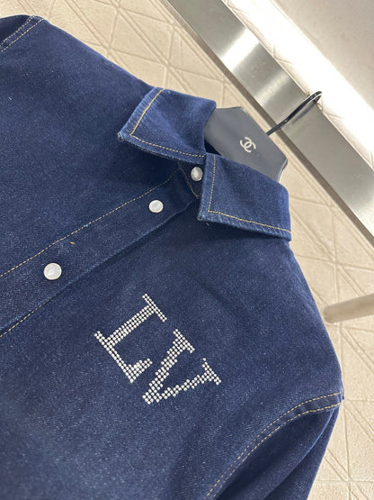 L 25 Collar rhinestone denim shirt+pants set