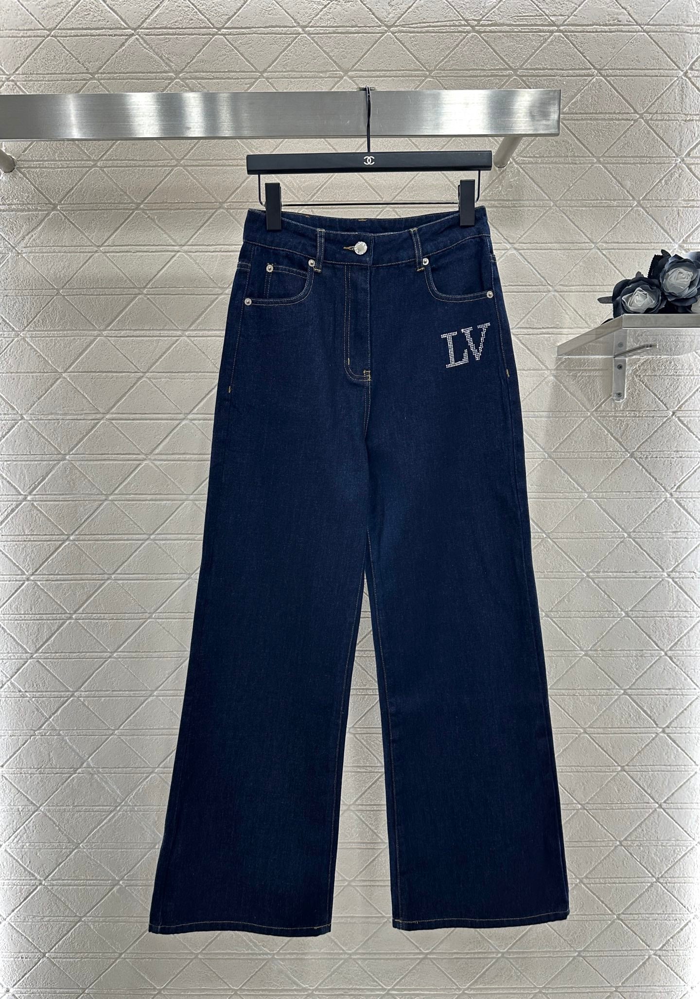 L 25 Collar rhinestone denim shirt+pants set